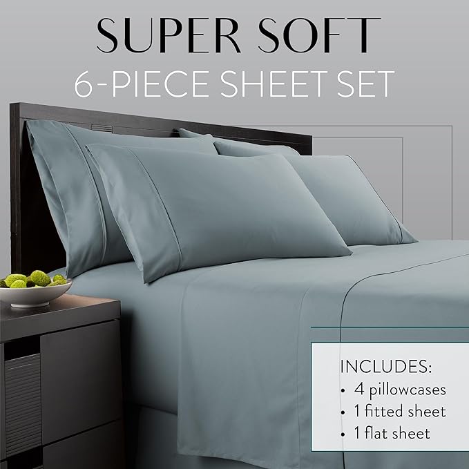 Danjor Linens King Size Sheets Set - 6 Piece Set Including 4 Pillowcases - Deep Pockets - Breathable, Soft Bed Sheets - Wrinkle Free - Machine Washable - Spa Blue King Bed Sheets - 6pc - LeafyLoom