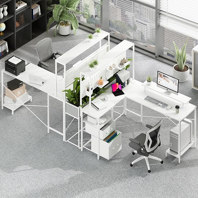 Yoobure L Shaped Desk with Pegboard, Reversible Gaming Desk with LED Lights & Power Outlets, Computer Desk with Drawers & Storage Shelves, Office Desk with Monitor Stand Corner Desk Home Office Desks - LeafyLoom