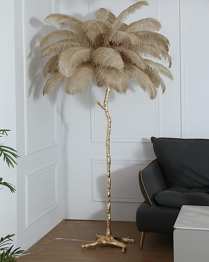 Luxury Resin Ostrich Feather Lamp, 35 Pieces real ostrich feathers,Feather Floor Lamp,Standing Lamp for Living Room, Bedroom and Office 67” Tall Feather Lamp (Ostrich Color) - LeafyLoom