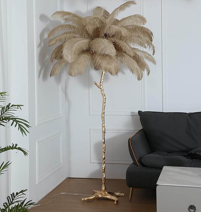 Luxury Resin Ostrich Feather Lamp, 35 Pieces real ostrich feathers,Feather Floor Lamp,Standing Lamp for Living Room, Bedroom and Office 67” Tall Feather Lamp (Ostrich Color) - LeafyLoom