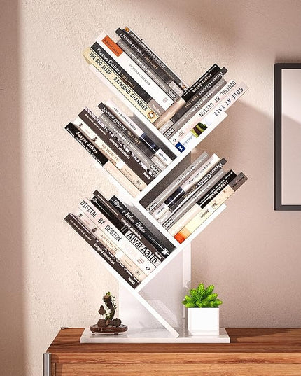 5 Tier Small Tree Bookshelf Desk Book Organizer Narrow Bookcases for Books Magazines CDs Free Standing Retro Wooden Storage Shelves for Home Office Bedroom Living Room White - LeafyLoom