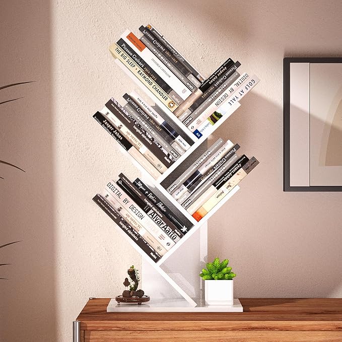 5 Tier Small Tree Bookshelf Desk Book Organizer Narrow Bookcases for Books Magazines CDs Free Standing Retro Wooden Storage Shelves for Home Office Bedroom Living Room White - LeafyLoom