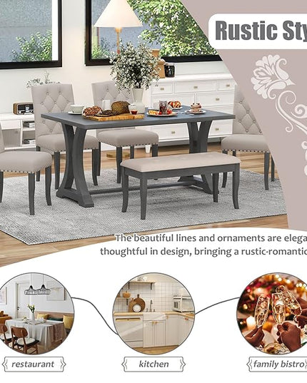 60 Inch Dining Table Set for 6, Farmhouse Rectangular Trestle Dining Table with 4 Upholstered Chairs & 1 Bench, Dining Room Table Set for Dining Room/Living Room, Antique Grey - LeafyLoom
