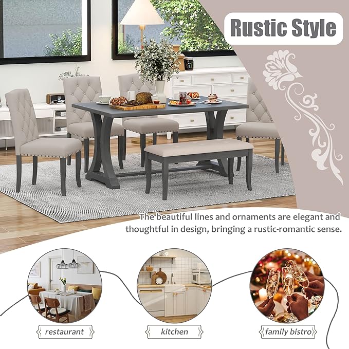 60 Inch Dining Table Set for 6, Farmhouse Rectangular Trestle Dining Table with 4 Upholstered Chairs & 1 Bench, Dining Room Table Set for Dining Room/Living Room, Antique Grey - LeafyLoom