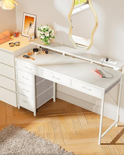 Gaming Desk with 6 Drawers, Computer Desk with LED Lights Power Outlets and Type-C, 47 Inch Office Desk with Storage, Monitor Stand, Writing Desk Work Desk Home Office, Bedroom, Study, White - LeafyLoom