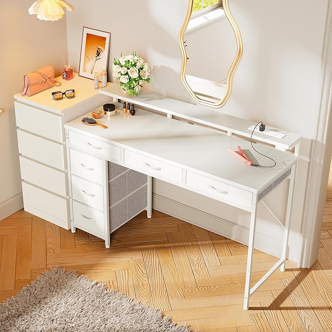 Gaming Desk with 6 Drawers, Computer Desk with LED Lights Power Outlets and Type-C, 47 Inch Office Desk with Storage, Monitor Stand, Writing Desk Work Desk Home Office, Bedroom, Study, White - LeafyLoom