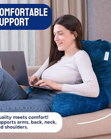 ComfortSpa Reading Pillow Bed Wedge Large Adult Backrest Lounge Cushion w/Arms Pockets Lumbar Back Support for Sitting Up GERD Heartburn Made in The USA w/Stain Resistant Removable Cover - LeafyLoom