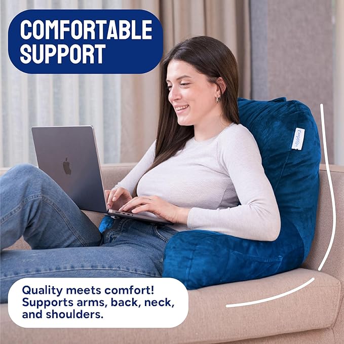ComfortSpa Reading Pillow Bed Wedge Large Adult Backrest Lounge Cushion w/Arms Pockets Lumbar Back Support for Sitting Up GERD Heartburn Made in The USA w/Stain Resistant Removable Cover - LeafyLoom