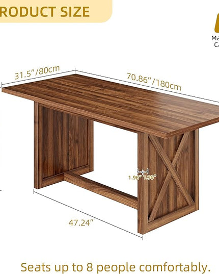 YITAHOME 70.8" Large Farmhouse Dining Table for 6 to 8 People, Rustic Style Wood Dinner Table, Rectangular Dining Table for Kitchen, Dining Room & Living Room, Brown - LeafyLoom