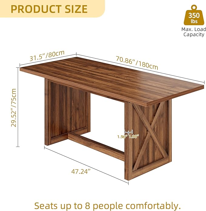 YITAHOME 70.8" Large Farmhouse Dining Table for 6 to 8 People, Rustic Style Wood Dinner Table, Rectangular Dining Table for Kitchen, Dining Room & Living Room, Brown - LeafyLoom