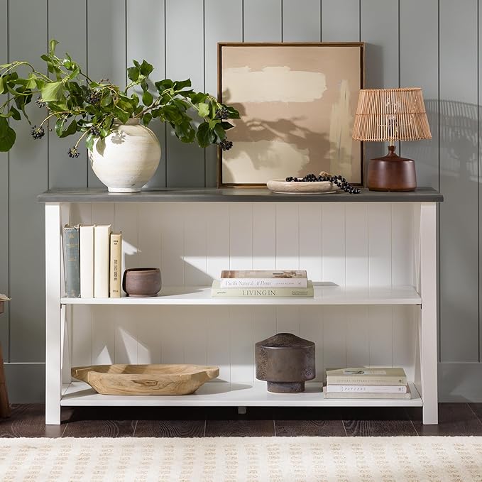 Walker Edison Solid Wood Farmhouse Storage Console, 52 Inch, White/Grey Wash - LeafyLoom