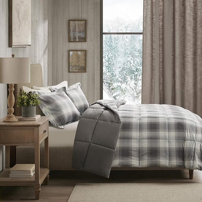 Woolrich Comforter Set, Cabin Lodge, Warm Cover for Colder Season, Modern Cottage-Inspired Down Alternative Ultra Soft Microfiber Bedding, Matching Sham, Plaid Grey King 3 Piece - LeafyLoom