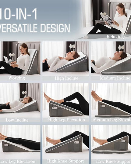 Bed Wedge Pillow for Sleeping, 10-in-1 Adjustable Memory Foam Wedge Pillow for Acid Reflux, 2-in-1 Incline Wedge Pillows for After Surgery, Snoring, Back Pain Pillow Wedge - LeafyLoom