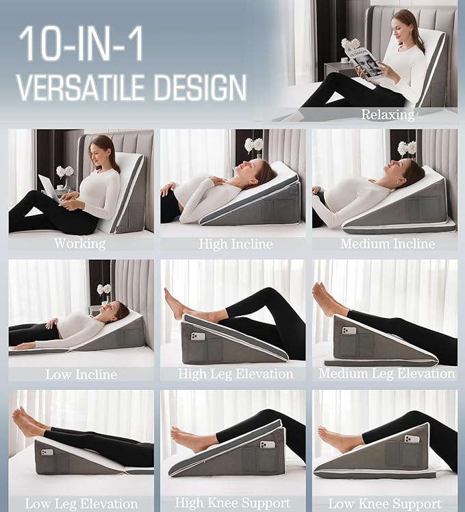 Bed Wedge Pillow for Sleeping, 10-in-1 Adjustable Memory Foam Wedge Pillow for Acid Reflux, 2-in-1 Incline Wedge Pillows for After Surgery, Snoring, Back Pain Pillow Wedge - LeafyLoom