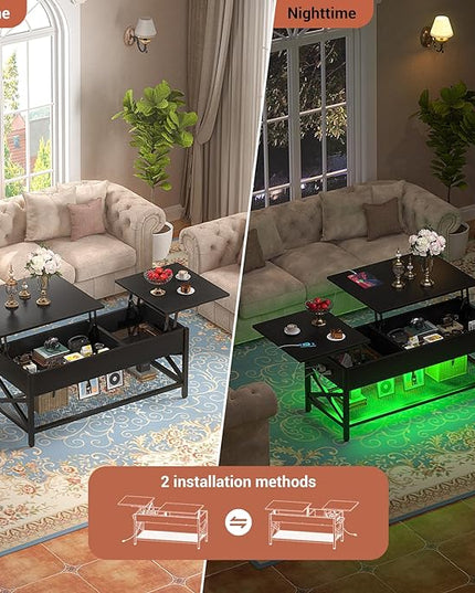 Coffee Table, Lift Top Coffee Table with Storage, LED Light & Power Outlet and Hidden Compartment, Retro Center Table for Living Room, X Support Wood Tabletop, Metal Frame,Black - LeafyLoom