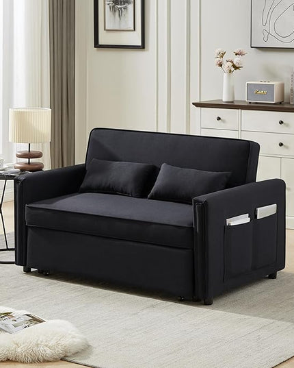 3-in-1 Linen Upholstered Sofabed Tufted Futon Loveseat Sofa Convertible Sleeper Couch Bed with Reclining Backrest and 2 Lumbar Pillows,Modern 2-Seaters Love Seat Daybed for Living Room - LeafyLoom