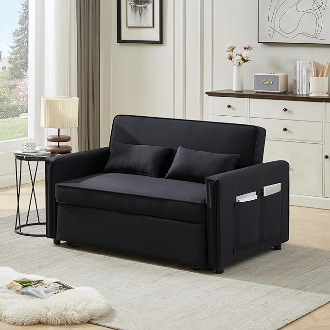 3-in-1 Linen Upholstered Sofabed Tufted Futon Loveseat Sofa Convertible Sleeper Couch Bed with Reclining Backrest and 2 Lumbar Pillows,Modern 2-Seaters Love Seat Daybed for Living Room - LeafyLoom