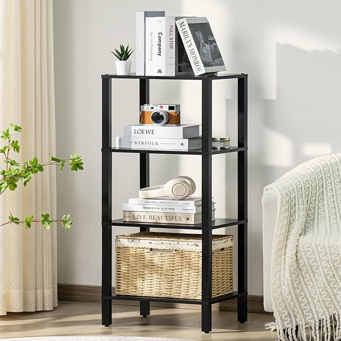 4 Tier Tall Wooden Bookshelf with Storage, Narrow Bookcase for Small Space, Small Book Shelf for Living Room, Office, Bedroom, Kitchen, Industrial, Black - LeafyLoom