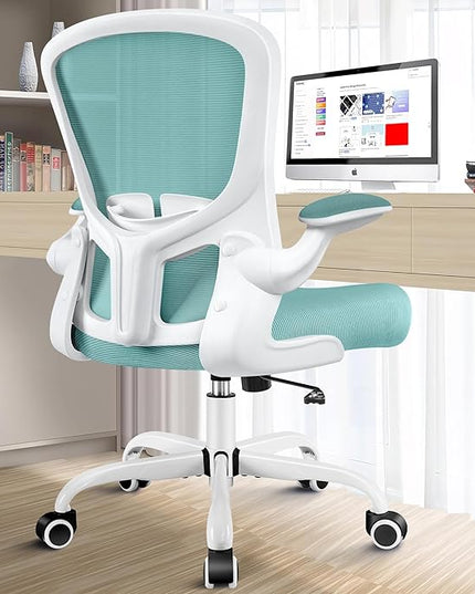 Ergonomic Office Chair, Lumbar Support Desk Chair with Flip-up Armrest and Breathable Mesh, Height Adjustable Swivel Office Chair LightBlue - LeafyLoom