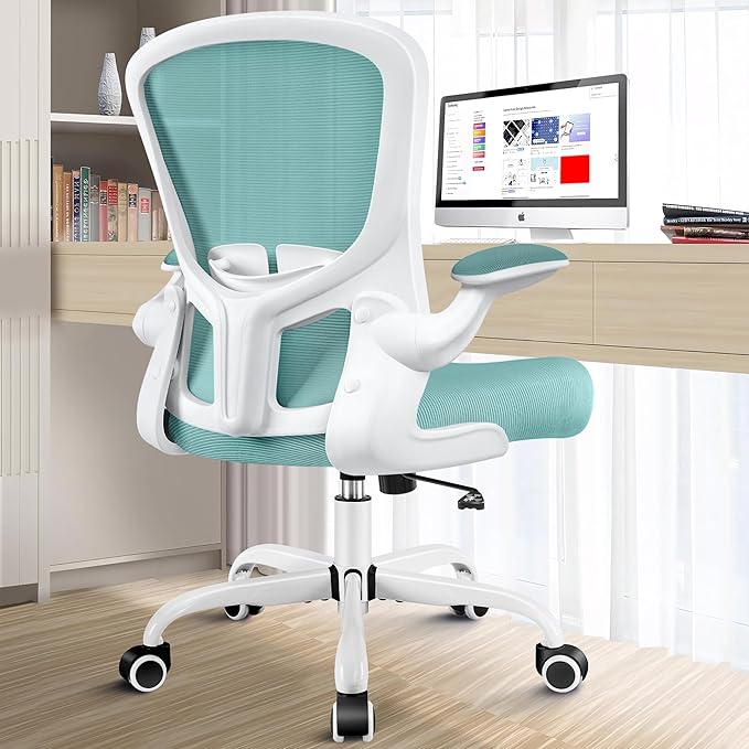 Ergonomic Office Chair, Lumbar Support Desk Chair with Flip-up Armrest and Breathable Mesh, Height Adjustable Swivel Office Chair LightBlue - LeafyLoom