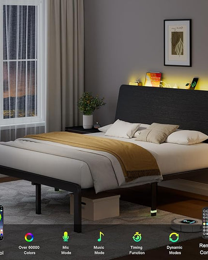 Feonase Queen Size Bed Frame with Ergonomic Storage Headboard & Charging Station, LED Platform Bed Frame, Heavy Duty Metal Slats, No Box Spring Needed, Easy Assembly, Black - LeafyLoom