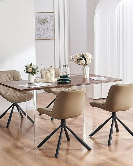 YOUNUOKE Upholstered Dining Chairs Set of 2 Comfortable Mid Century Modern Kitchen Chair with Sturdy Metal Legs Faux Leather Dinner Chairs for Kitchen Dining Room, Khaki - LeafyLoom