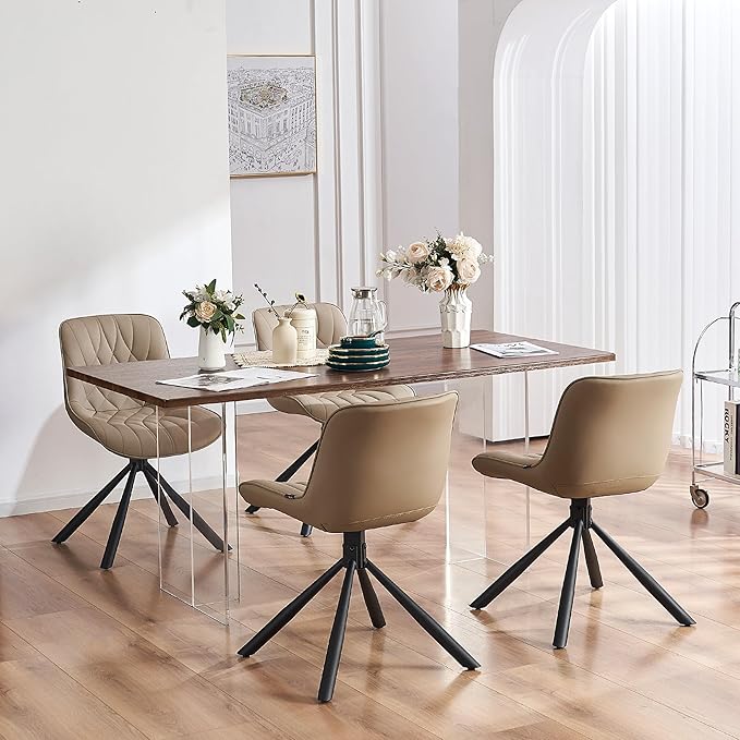 YOUNUOKE Upholstered Dining Chairs Set of 2 Comfortable Mid Century Modern Kitchen Chair with Sturdy Metal Legs Faux Leather Dinner Chairs for Kitchen Dining Room, Khaki - LeafyLoom