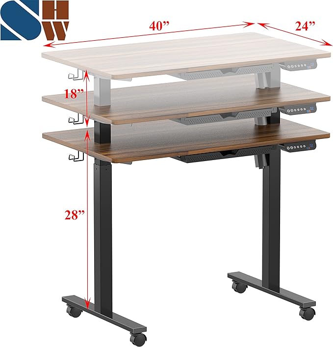 SHW Electric Height Adjustable Mobile Rolling Standing Desk Workstation, 40 x 24 Inches, Walnut - LeafyLoom