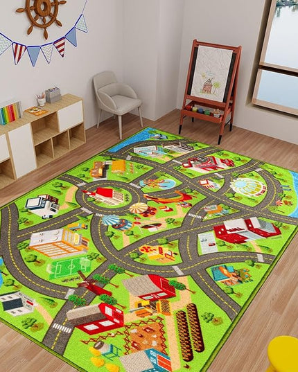 Kids Rugs Traffic Road Carpet for Car City Map Play Rug 5'×6.7' for Playroom Educational Mat Area Rug, Kid Playtime Collection Toddler Car Track Rug Cute Cartoon (City Road B, 59×78.7 in) - LeafyLoom