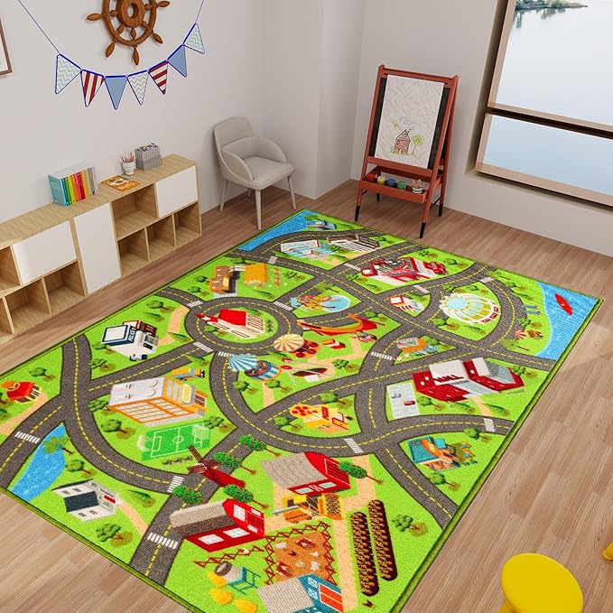 Kids Rugs Traffic Road Carpet for Car City Map Play Rug 3.3'×5' for Playroom Educational Mat Area Rug, Kid Playtime Collection Toddler Car Track Rug Cute Cartoon (City Road B, 39.4×59 in) - LeafyLoom