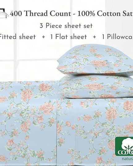 California Design Den Floral Sheets for Twin-XL Size Bed, 100% Cotton Sheets Set, Luxury 400 Thread Count Sateen (Antique Rose) - LeafyLoom