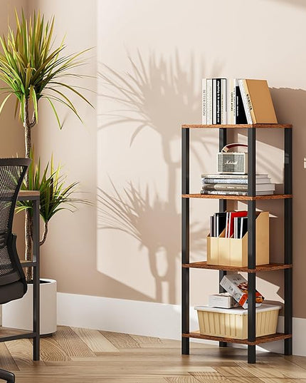 TUTOTAK Bookshelf, 4-Tier Tall Book Shelf, Narrow Bookcase for Small Space, DIY Stackable Bookshelf, for Living Room, Office, Study, Entryway, Industrial, Rustic Brown BS01BB004 - LeafyLoom