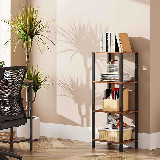 TUTOTAK Bookshelf, 4-Tier Tall Book Shelf, Narrow Bookcase for Small Space, DIY Stackable Bookshelf, for Living Room, Office, Study, Entryway, Industrial, Rustic Brown BS01BB004 - LeafyLoom