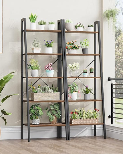 finetones 5-Tier Ladder Shelf, Ladder Bookshelf Bookcase with Metal Frame, Plant Rack Display Shelf Accent Furniture for Home Office, Black/Rustic Brown - LeafyLoom