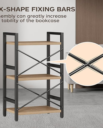 Bookshelf, 3 Tier Industrial Bookcase, Metal Small Bookcase, Rustic Etagere Book Shelf Storage Organizer for Living Room, Bedroom, and Home Office(Light Coffee) Patent Pending D29873033 - LeafyLoom