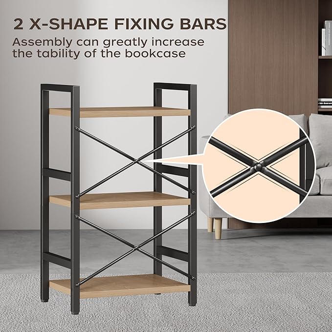 Bookshelf, 3 Tier Industrial Bookcase, Metal Small Bookcase, Rustic Etagere Book Shelf Storage Organizer for Living Room, Bedroom, and Home Office(Light Coffee) Patent Pending D29873033 - LeafyLoom