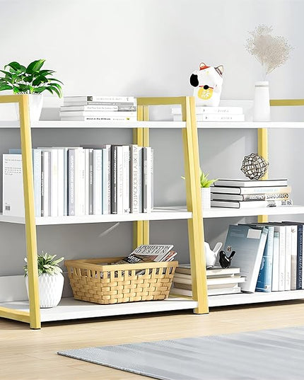 IOTXY 3 Tier Open Bookshelf - Steel and Wood Display Stand, 50CM Width Floor-Standing Bookcase, Gold - LeafyLoom