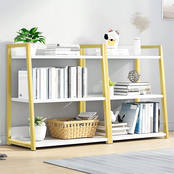 IOTXY 3 Tier Open Bookshelf - Steel and Wood Display Stand, 50CM Width Floor-Standing Bookcase, Gold - LeafyLoom
