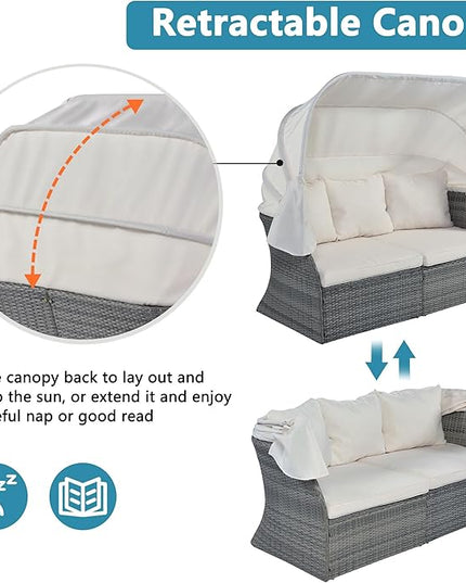 Rectangle Furniture Daybed Sunbed with Retractable Canopy, Outdoor Wicker Conversation Set with Cushions for Patio, Backyard, Porch, Garden, Hc-Beige - LeafyLoom