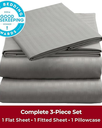 Mellanni Twin Sheets Set - 3 PC Iconic Collection Bedding Sheets & Pillowcases - Hotel Luxury, Extra Soft, Cooling Bed Sheets - Deep Pocket up to 16 inch (Twin, Striped Gray/Silver) - LeafyLoom