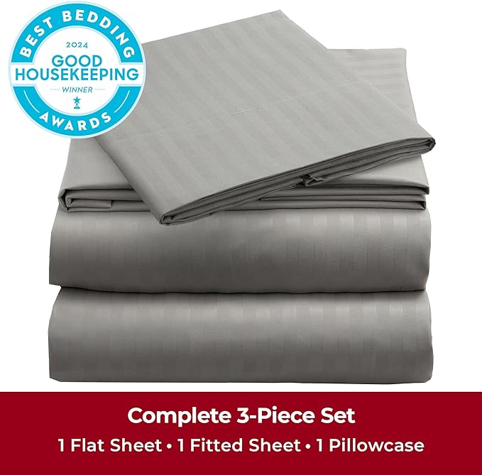 Mellanni Twin XL Sheets Set - 3 PC Iconic Collection Bedding Sheets & Pillowcases - Hotel Luxury, Extra Soft, Cooling Bed Sheets - Deep Pocket up to 16 inch (Twin Extra Long, Striped Gray/Silver) - LeafyLoom