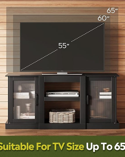 WLIVE Retro TV Stand for 65 inch TV, TV Console Cabinet with Storage, Open Shelves Entertainment Center for Living Room and Bedroom, Black - LeafyLoom