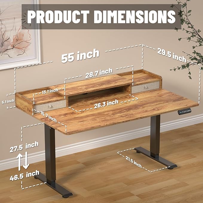 55×30 Inch Electric Standing Desk with 2 Drawers, Adjustable Height Widened Stand Up Desk with Storage Shelf, Sit to Stand Ergonomic Workstation for Home Office - LeafyLoom