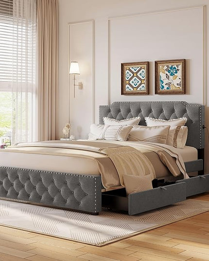 Queen Size Linen Upholstered Platform Bed with 2 Drawers and 2 sets of USB Ports on Each Side,Wood Bed Frame w/Button-Tufted Design Headboard,for Bedroom,Apartment,Gray - LeafyLoom