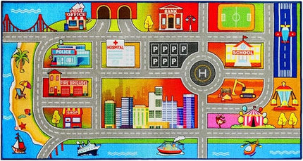 Booooom Jackson Kids Car Carpet Playmat Rug 3.3 x 6.6 ft,Car Mat for Kids Toy Cars,Road Rug,Buildings Parking Helipad Printed on,Kids Car Play Rug,Non-Slip Race Track Rug for Play Room Bedroom - LeafyLoom