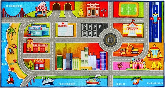 Booooom Jackson Kids Car Carpet Playmat Rug 3.3 x 6.6 ft,Car Mat for Kids Toy Cars,Road Rug,Buildings Parking Helipad Printed on,Kids Car Play Rug,Non-Slip Race Track Rug for Play Room Bedroom - LeafyLoom