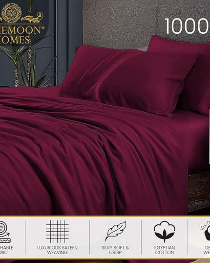 1000 Thread Count Egyptian Cotton Sheets King Size Set - 100% Cotton 4 Pc Bed Sheets - Luxury Hotel Cooling Sheets - Breathable Soft Smooth Sateen Weave - 18 Inch Deep Pocket - Burgundy King Sheets - LeafyLoom
