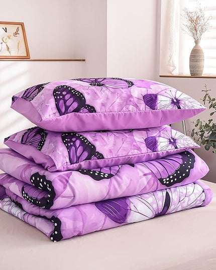 Btargot 3 Piece Purple Butterfly Girls Kids Adults Full Size Comforter Set, Lightweight Soft All Season Bedding Set with 2 Pillowcases - LeafyLoom