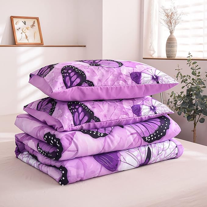 Btargot 3 Piece Purple Butterfly Girls Kids Adults Full Size Comforter Set, Lightweight Soft All Season Bedding Set with 2 Pillowcases - LeafyLoom