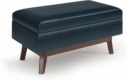 SIMPLIHOME Owen 36 inch Wide Rectangle Small Rectangular Storage Ottoman in Distressed Dark Blue Faux leather, for the Living Room, Family Room and Entryway - LeafyLoom